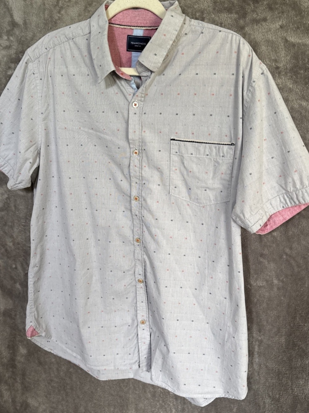 7 Diamonds Men'sButton Up Shirt Geometric Print Short Sleeve Stretch Blue Large